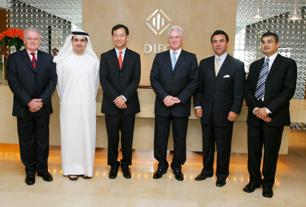 The photo caption is from left to right as follows: Sandy Shipton, Executive Director Wealth Management, DIFC Authority Abdulla Al Awar, Managing Director, DIFC Authority Eddie Yue, Deputy Chief Executive, HKMA Dr Nasser Saidi, Chief Economist, DIFC Authority Dean Farris, Chief Legal Officer, DIFC Authority Chirag Shah, Director-Strategy & Business Development, DIFC Authority