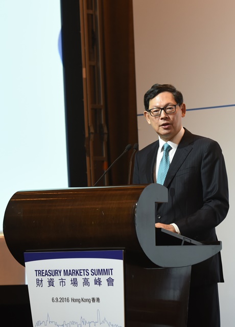 Mr Norman T.L. Chan, Chief Executive of the HKMA, gives the welcoming remarks and keynote speech at the Treasury Markets Summit 2016 held in Hong Kong.