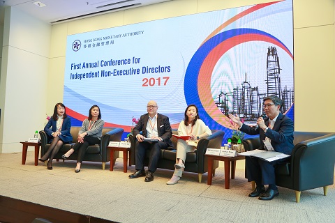 Members of a panel on financial inclusion include (from left to second right): Ms Sarah Kwok, Head of Banking Conduct of the HKMA, Ms Ann Kung, Deputy Chief Executive of Bank of China (Hong Kong) Limited, Mr Charles Ng, Associate Director-General of Investment Promotion of InvestHK, and Ms Shirley Yuen, Chief Executive Officer of the Hong Kong General Chamber of Commerce. 