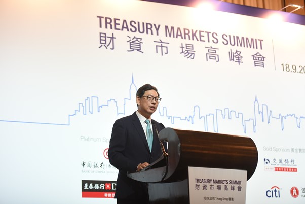 Mr Norman Chan, Chief Executive of the HKMA, gives the welcoming remarks and keynote speech at the Treasury Markets Summit 2017 held in Hong Kong.
