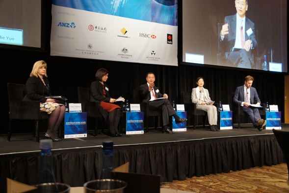 The panel on 'Offshore market developments and RMB-related business opportunities' was led by Mr Eddie Yue, Deputy Chief Executive of the HKMA (middle).