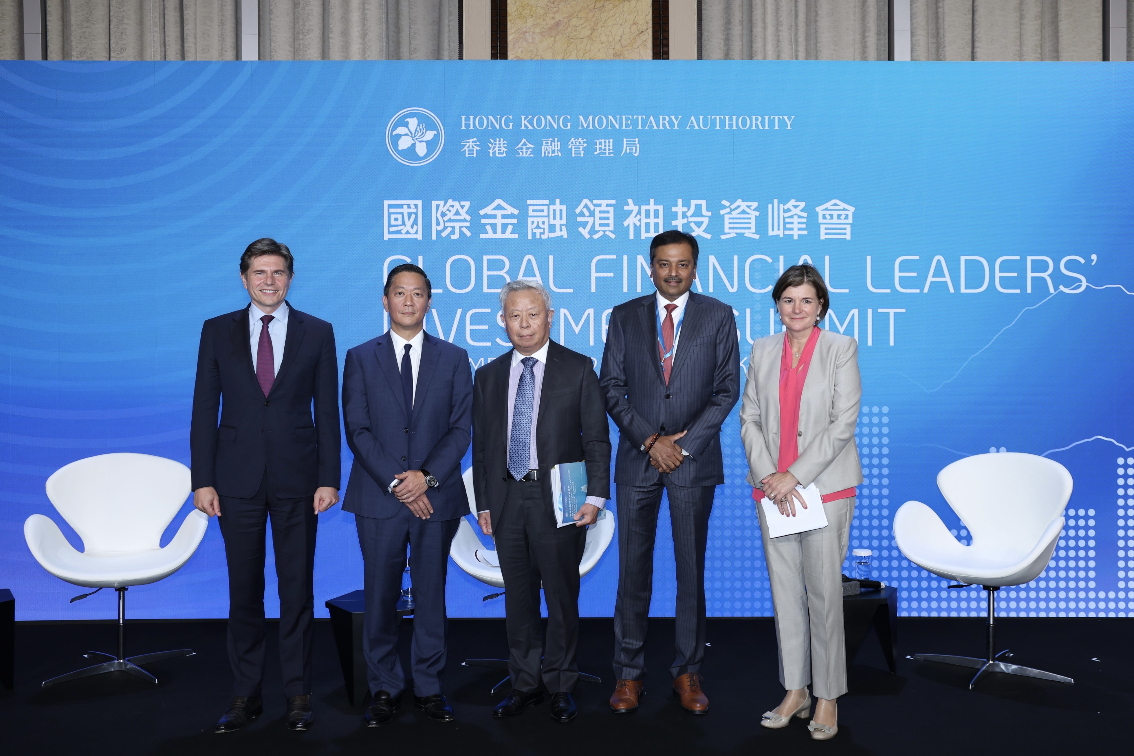 (From left to right) Nicolas Aguzin, Chief Executive Officer of HKEX; Joseph Bae, Co-Chief Executive Officer of KKR; Jin Liqun, President and Chair of the Board of Directors of Asian Infrastructure Investment Bank; Anand Selvakesari, Chief Executive Officer of Personal Banking & Wealth Management of Citigroup; Hanneke Smits, Chief Executive Officer of BNY Mellon Investment Management