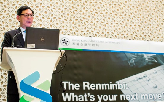 Mr Norman Chan, Chief Executive of the Hong Kong Monetary Authority delivers a keynote speech at a breakfast seminar entitled “International Use of RMB: A New Era” in Dubai, the United Arab Emirates.  He says the greater use of RMB in bilateral transactions will provide further impetus for trade and investment links between China and the Middle East and will be mutually beneficial for both sides.