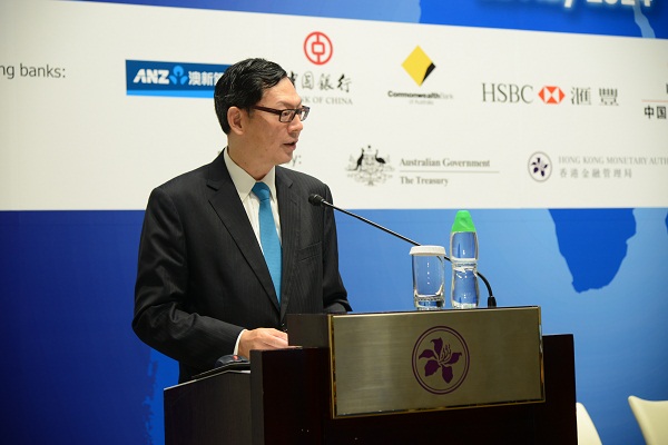 Mr Norman Chan, Chief Executive of the Hong Kong Monetary Authority, delivers welcome remarks at the Second Hong Kong – Australia RMB Trade and Investment Dialogue held in Hong Kong today.