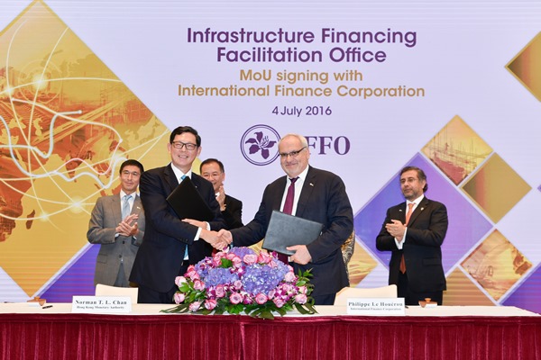 Mr Philippe Le Houérou [right] and Mr Norman TL Chan [left] sign a Memorandum of Understanding, under which IFC and the HKMA will cooperate in using the IFFO platform to promote a more efficient and conducive market environment for infrastructure investment and financing in the region.