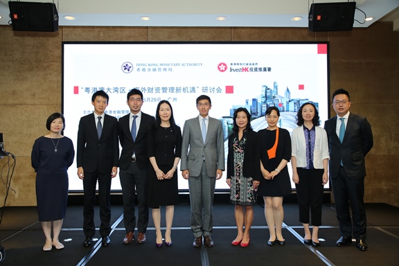 The Hong Kong Monetary Authority and Invest Hong Kong jointly host a seminar on overseas treasury management in Guangzhou today to promote the advantages of establishing Corporate Treasury Centres and conducting financing activities in Hong Kong to corporations in Guangdong Province. Photo shows (from Left) Head of Guangdong Investment Promotion Unit, Invest Hong Kong, Ms Winifred Ho; Senior Manager of Market Development Division, Hong Kong Monetary Authority, Mr Kenneth Hui; Director of International Tax Services, Deloitte China , Mr Roy Phan; Director of Capital Account Management Division, State Administration of Foreign Exchange, Guangdong Branch, Ms He Zhiqun; Executive Director (External), Hong Kong Monetary Authority, Mr Vincent Lee; Acting Associate Director-General of Investment Promotion, Invest Hong Kong, Ms Loretta Lee; Senior Manager of Market Development Division, Hong Kong Monetary Authority, Ms Sara Yip; General Manager of Transaction Banking Department, Bank of China (Hong Kong) Limited, Ms Teng Linhui; Head of Debt Capital Markets, Bank of China (Hong Kong) Limited, Mr Alex Chen, posed for photo.