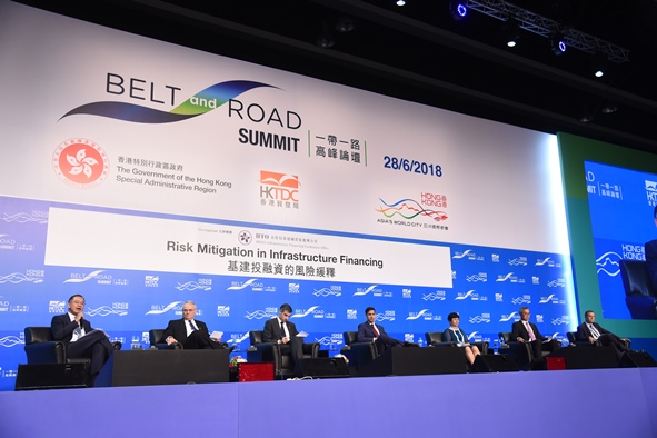Mr Eddie Yue (first left), Deputy Chief Executive of the HKMA and Director of IFFO moderates a panel discussion themed “Risk Mitigation in Infrastructure Financing” at the Belt and Road Summit today. Other panel speakers include (from second left to right) Mr Mark Moseley, Chief Operating Officer, Global Infrastructure Hub; Mr James Cameron, Co-Head of Infrastructure and Real Estate Group, Asia-Pacific, The Hongkong and Shanghai Banking Corporation Limited; Mr Tim Warren, Head of Credit Lines, Asia Pacific, Zurich Insurance Company Ltd.; Ms Wen Hong, Chief Representative, Hong Kong Representative Office, The Export-Import Bank of China; Mr Ian Chung, PRC Leader & Senior Vice President, Asia Pacific, AECOM and Mr Geert Peeters, Executive Director & Chief Financial Officer, CLP Holdings Limited.