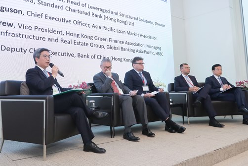 Mr Arthur Yuen, Deputy Chief Executive of the HKMA (first left), facilitates a panel on “Green and sustainable banking: principles and practice”. Other speakers include (from second left): Mr Andrew Ferguson, Chief Executive Officer of Asia Pacific Loan Market Association; Mr Jonathan Drew, Vice President of Hong Kong Green Finance Association and Managing Director of Infrastructure and Real Estate Group, Global Banking Asia-Pacific of HSBC; Mr Amit Tanna, Managing Director and Head of Leveraged and Structured Solutions of Greater China and North Asia of Standard Chartered Bank (Hong Kong) Ltd; and Mr Wang Bing, Deputy Chief Executive of Bank of China Hong Kong (Holdings) Ltd.