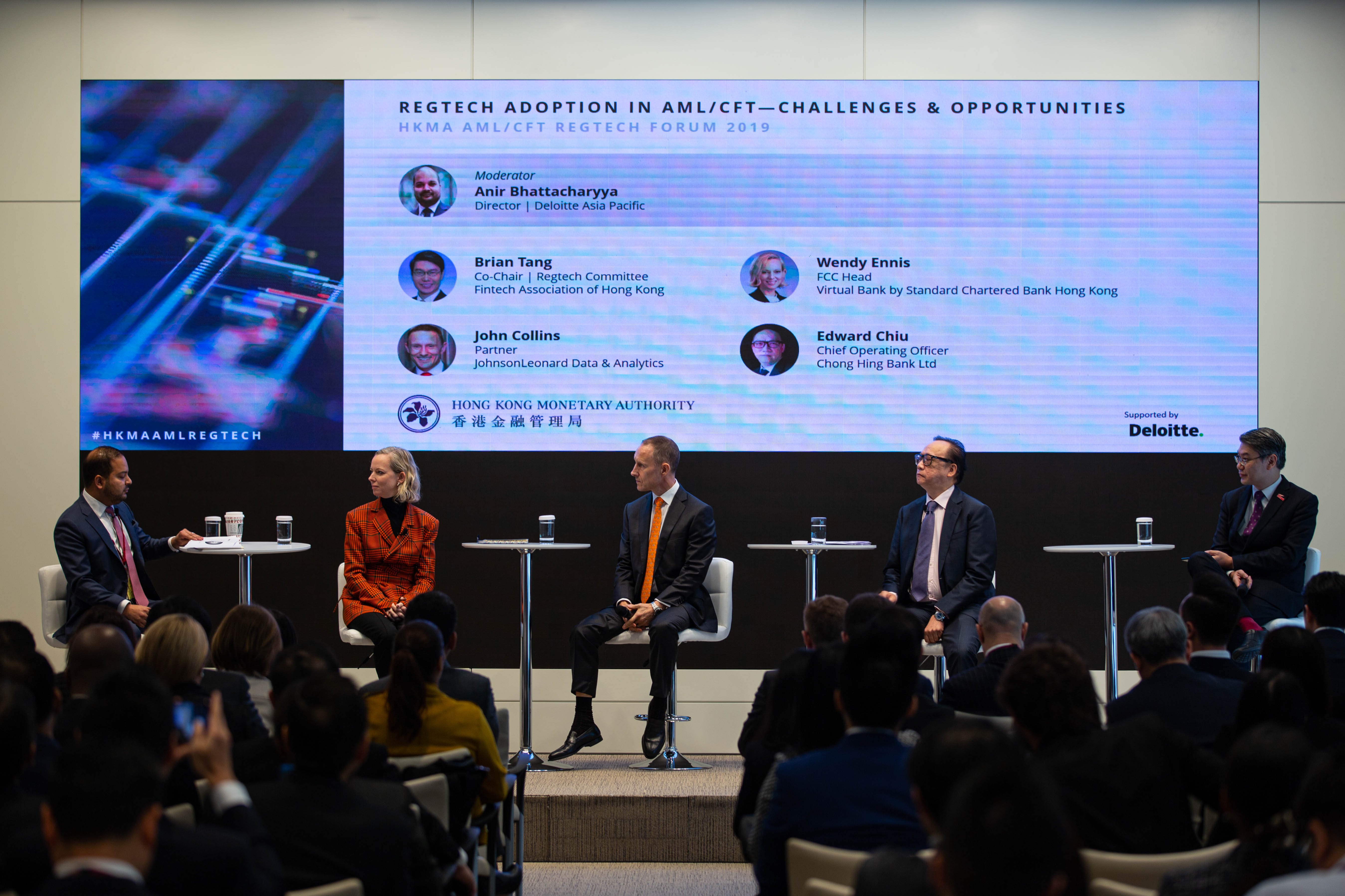 (From left to right - Panel 2) Mr Anir Bhattacharyya, Director of Deloitte; Ms Wendy Ennis, Head, Financial Crime Compliance of SC Digital Solutions Limited; Mr John Collins, Partner of JohnsonLeonard Data & Analytics; Mr Edward Chiu, Chief Operating Officer of Chong Hing Bank Limited and Mr Brian W Tang, Co-Chairman of the Fintech Association of Hong Kong’s Regtech Committee discuss challenges and opportunities in adopting RegTech in AML/CFT.