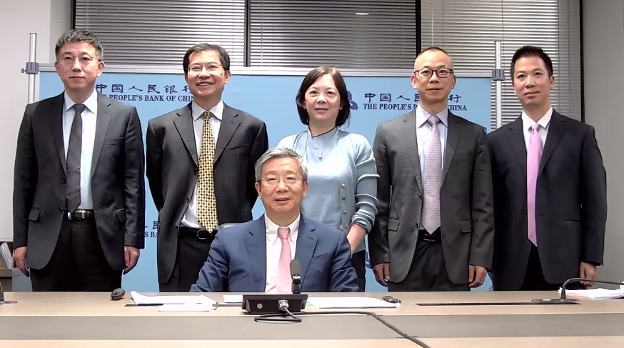 The Hong Kong Monetary Authority (HKMA) and the delegation of the Hong Kong Association of Banks (HKAB) hold annual meetings with the Mainland ministries via video conference to discuss different topics on financial development and cooperation. Photo shows Mr Yi Gang, Governor of the People’s Bank of China (front row, centre) attending the meeting