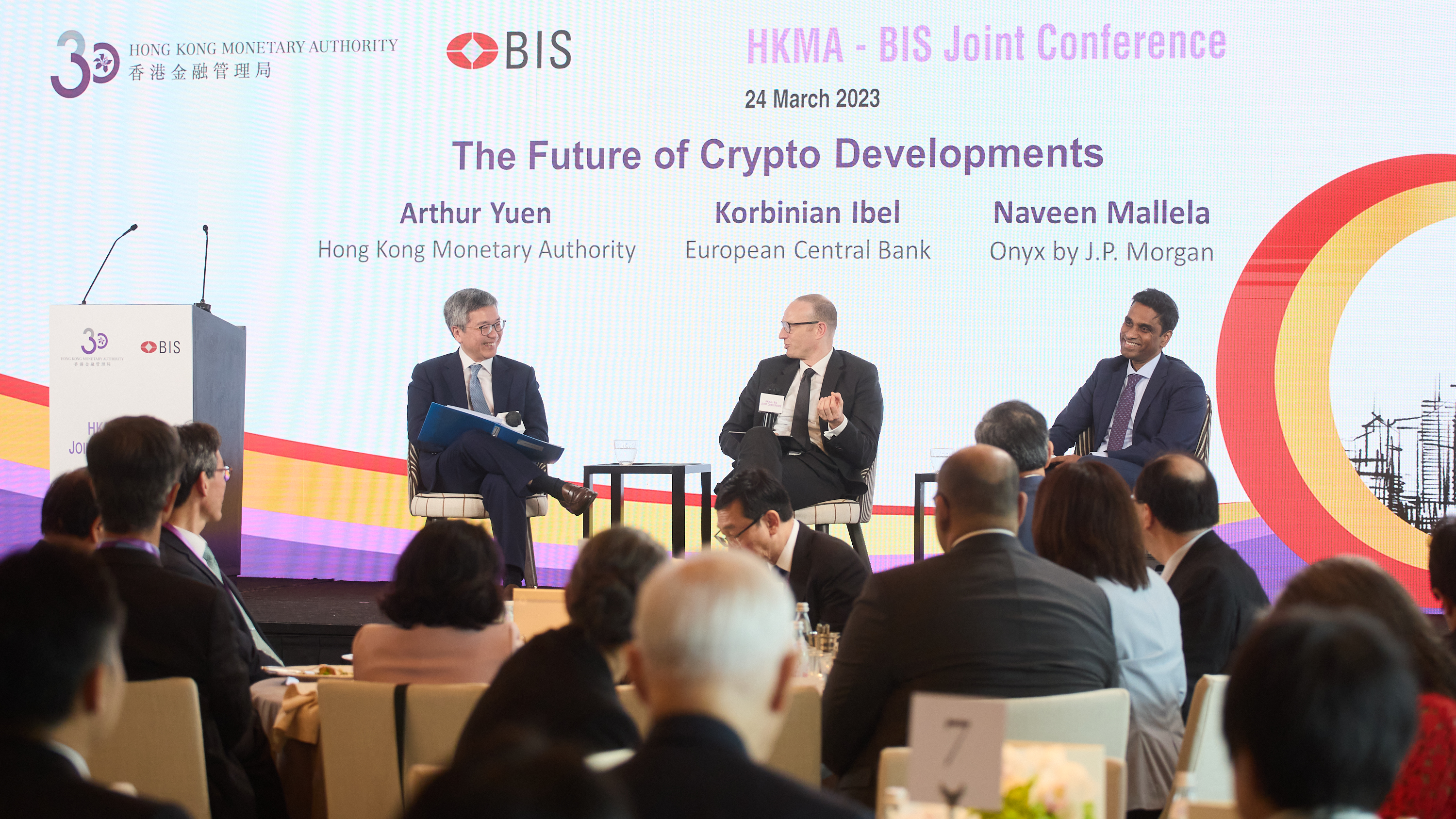 (From left) Mr Arthur Yuen, Deputy Chief Executive of the Hong Kong Monetary Authority, hosts a fireside chat on “The future of crypto developments”. Mr Korbinian Ibel, Director General of the European Central Bank; and Mr Naveen Mallela, Global Head of Coin Systems, Onyx by J.P. Morgan, share their insights on the lessons learnt from recent crypto incidents and explore the future of the crypto market.