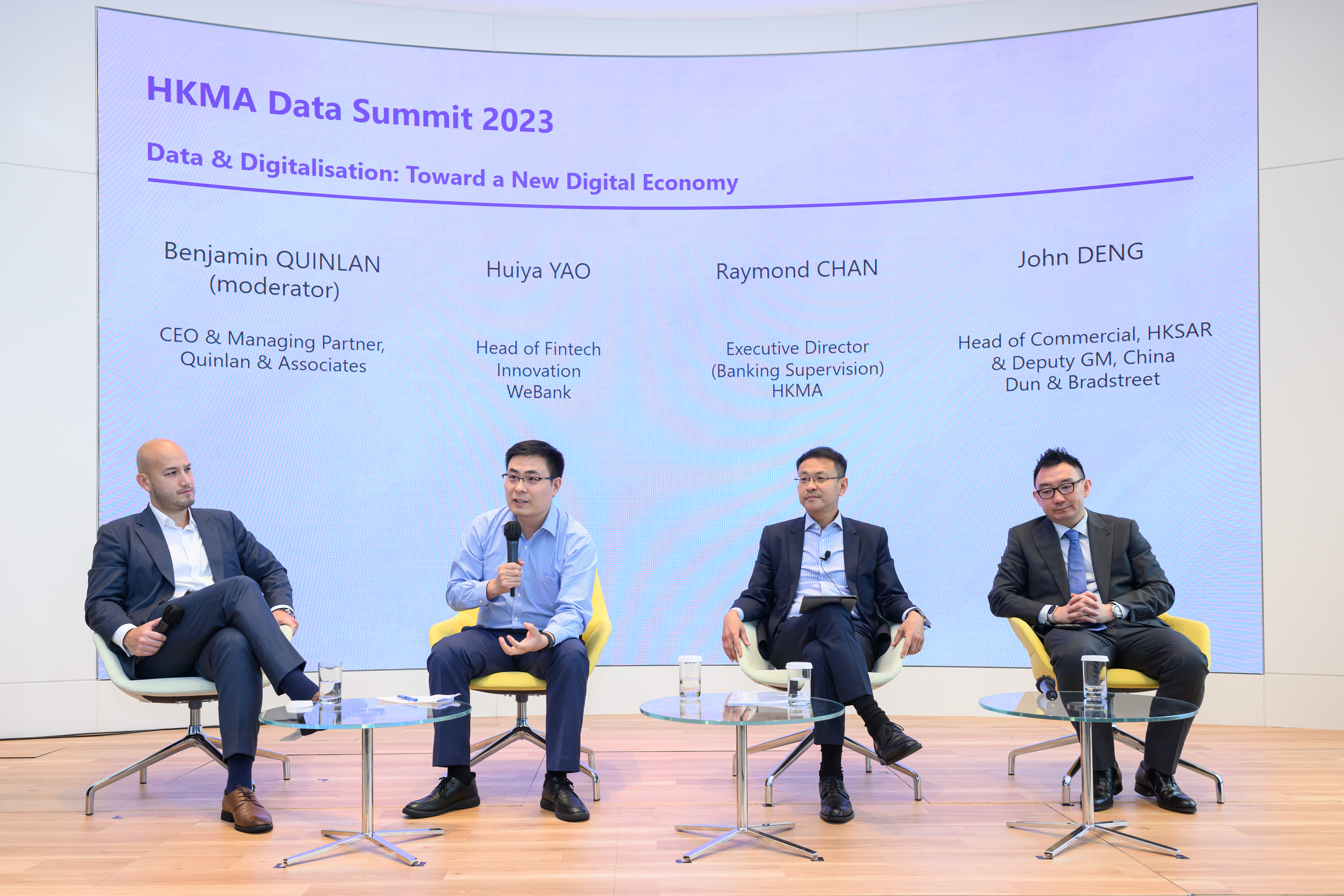 In the panel discussion titled “Data and Digitalisation: Towards a New Digital Economy”, Mr Raymond Chan, Executive Director (Banking Supervision) of the HKMA; Mr John Deng, Head of Commercial, HKSAR & Deputy General Manager, China of Dun & Bradstreet; and Mr Huiya Yao, Head of Fintech Innovation of WeBank, share their views on how the financial services industry can seize the opportunity and strengthen its digital capabilities.