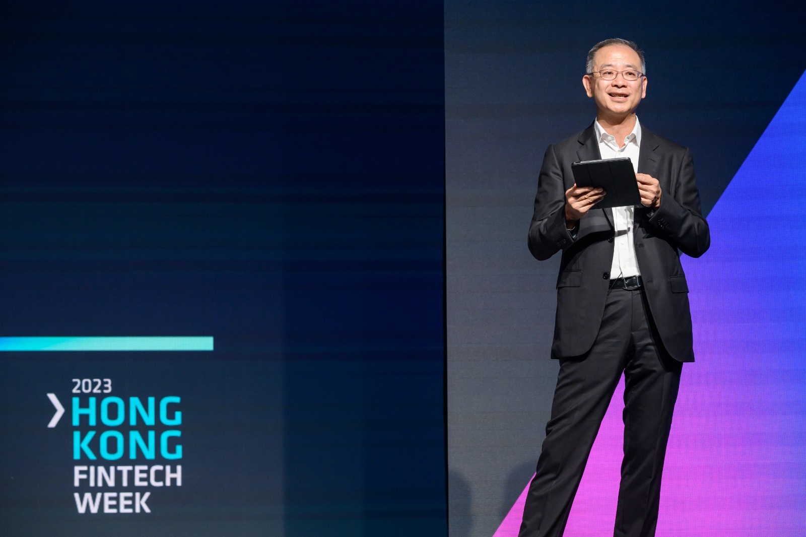 Mr Eddie Yue, Chief Executive of the Hong Kong Monetary Authority, delivers the opening keynote at the Hong Kong FinTech Week 2023.