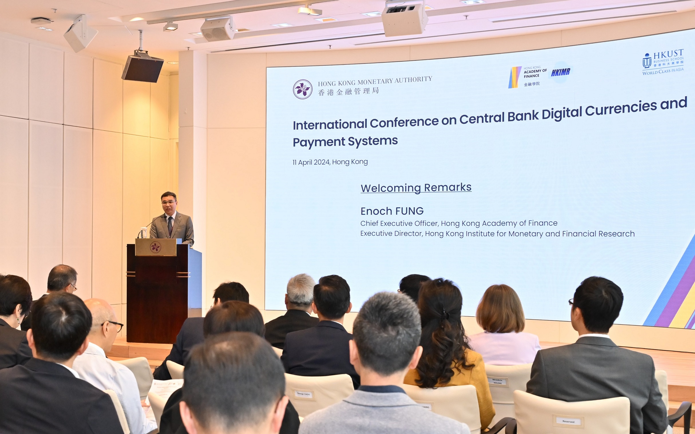 Mr Enoch Fung, Chief Executive Officer of the Hong Kong Academy of Finance and Executive Director of the Hong Kong Institute for Monetary and Financial Research, delivers welcoming remarks at the International Conference on Central Bank Digital Currencies and Payment Systems.