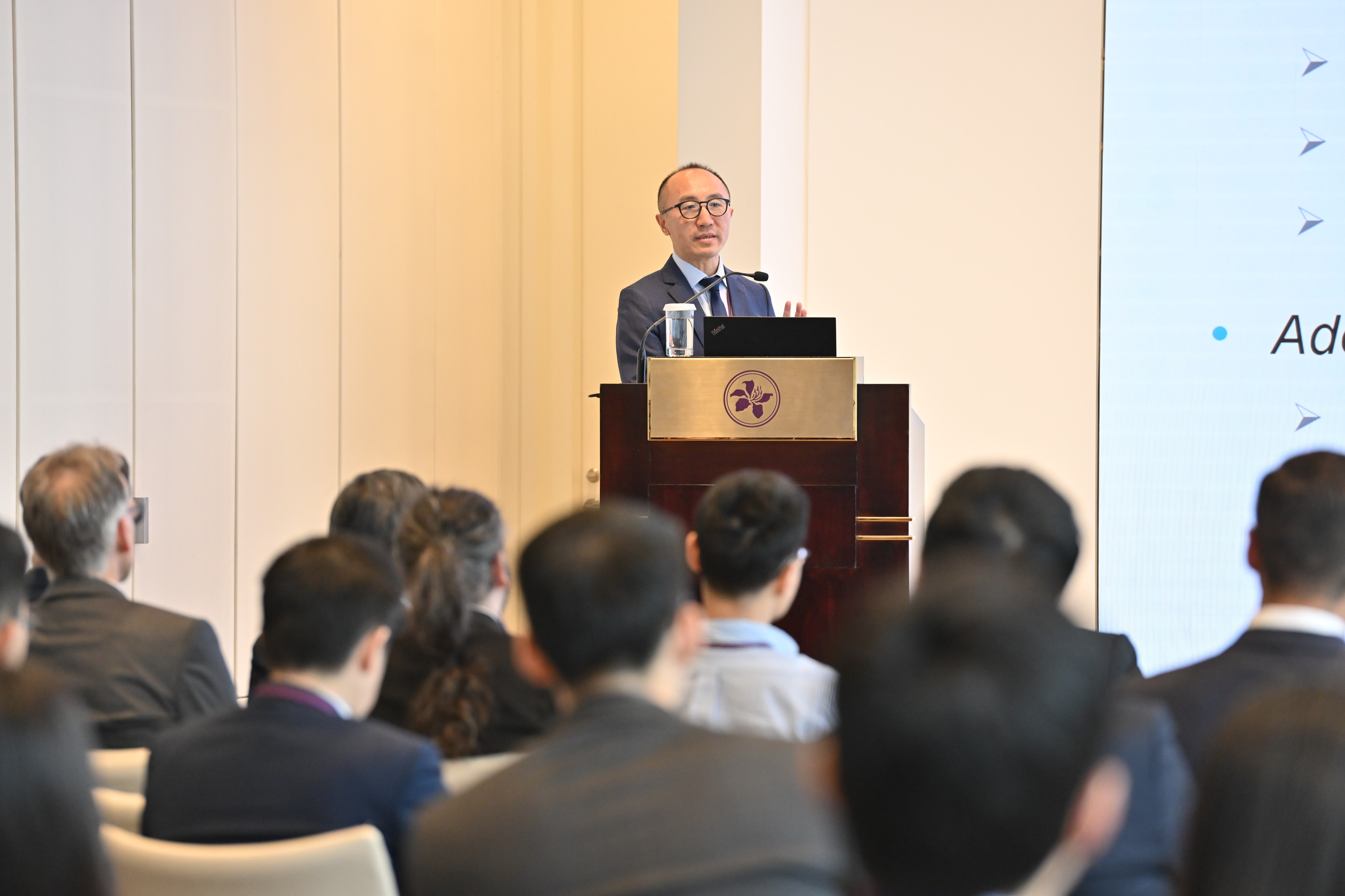 Dr Dong He, Deputy Director, Monetary and Capital Markets Department of International Monetary Fund, delivers a keynote speech for the morning session of the International Conference on Central Bank Digital Currencies and Payment Systems.