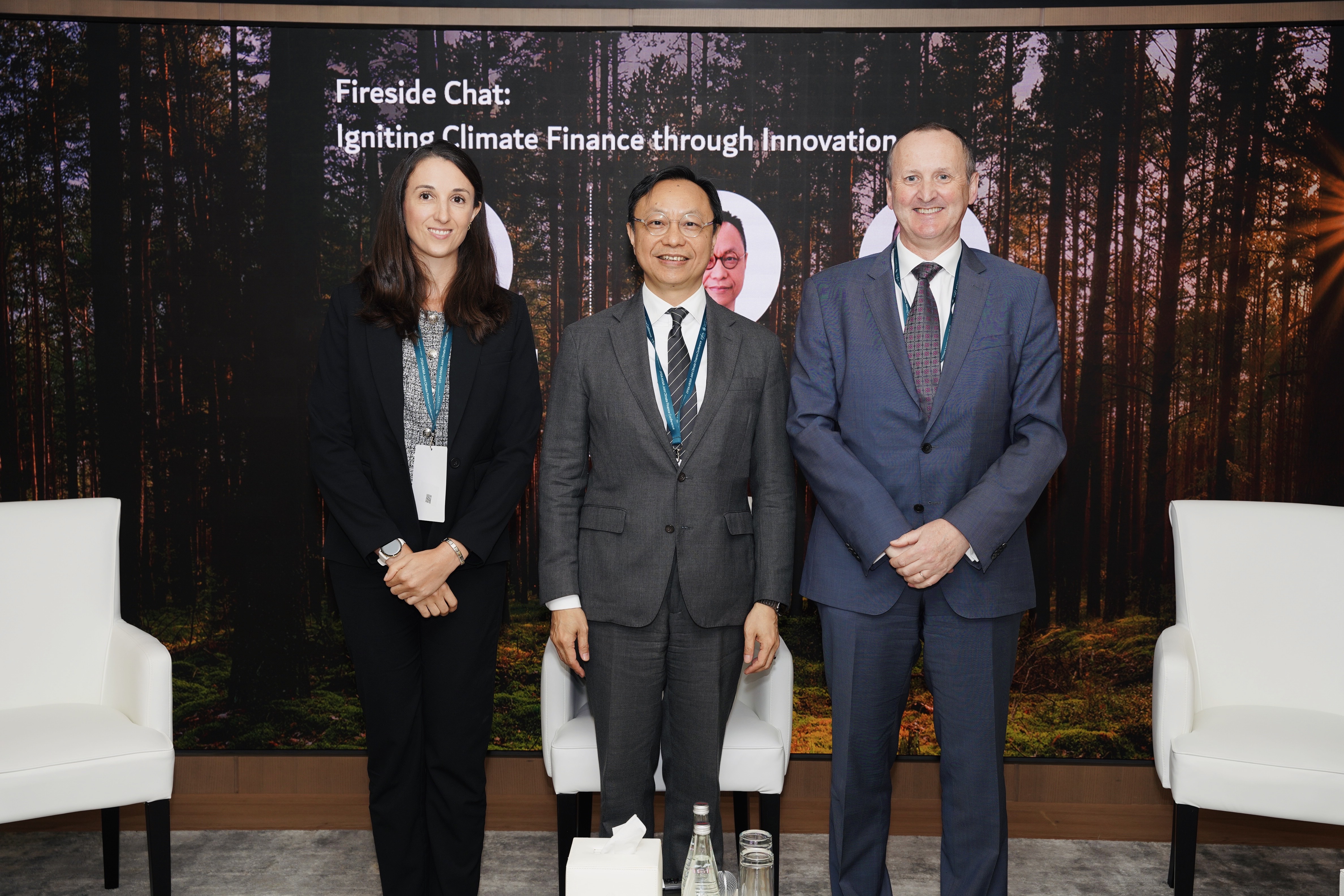 (From left) Ms Danielle Bistacchi, Sustainability Director, Middle East, Emperor; Mr Darryl Chan, Deputy Chief Executive, Hong Kong Monetary Authority; and Mr Mark Steward, Chief Executive, Dubai Financial Services Authority, share their view on igniting climate finance through innovation.