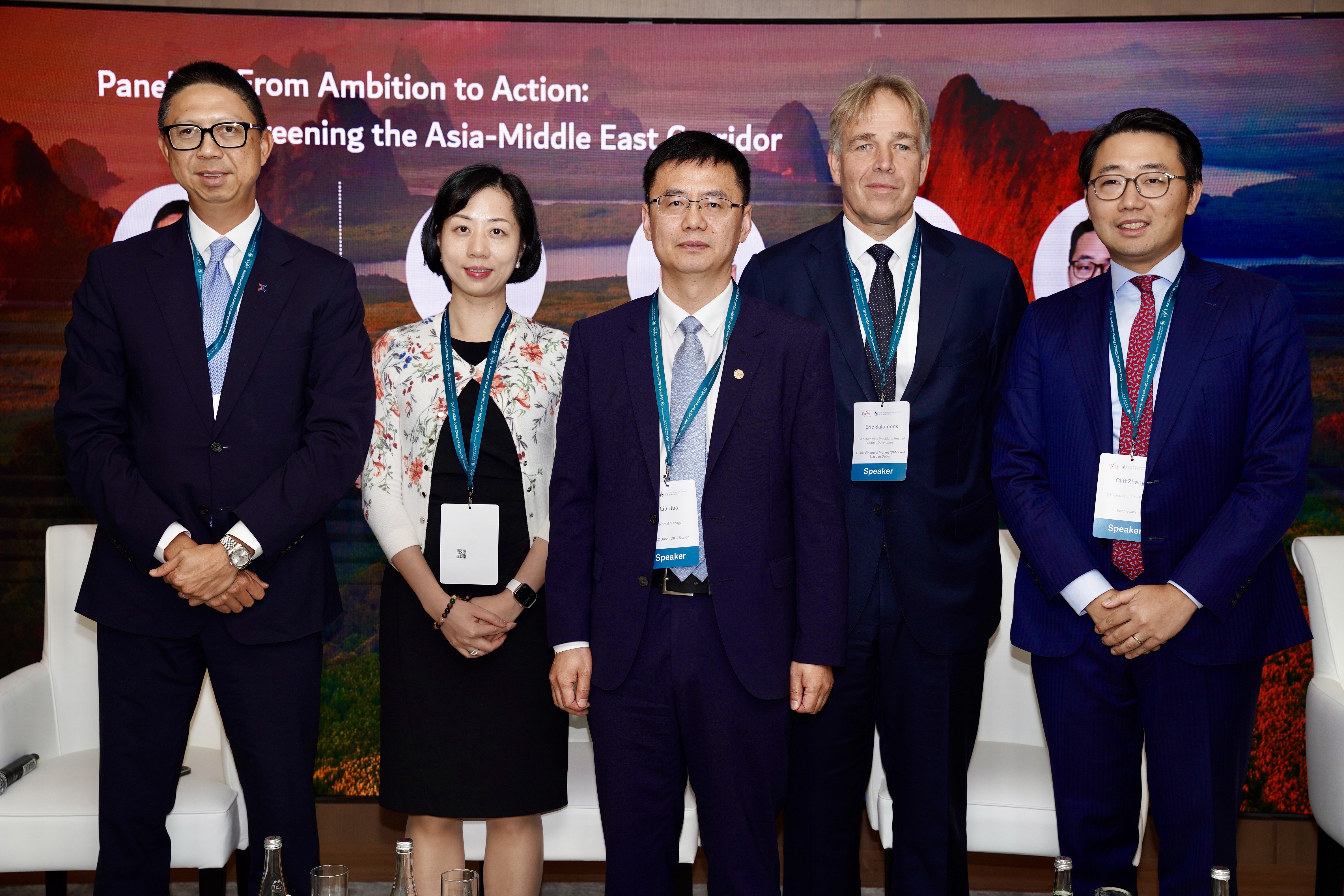 (From left) Mr Paul Chow, Group General Counsel and Group Chief Sustainability Officer, HKEX,; Ms Luying Gan, Managing Director, Head of Sustainable Finance, Greater China and North Asia (GCNA), Standard Chartered Bank; Mr Hua Liu, General Manager, ICBC Dubai, DIFC Branch; Mr Eric Salomons, Executive Vice President, Head of Product Development, Dubai Financial Market and Nasdaq Dubai; and Mr Cliff Zhang, CEO and Founding Partner, Templewater, exchange views on how to green the Asia-Middle East corridor.