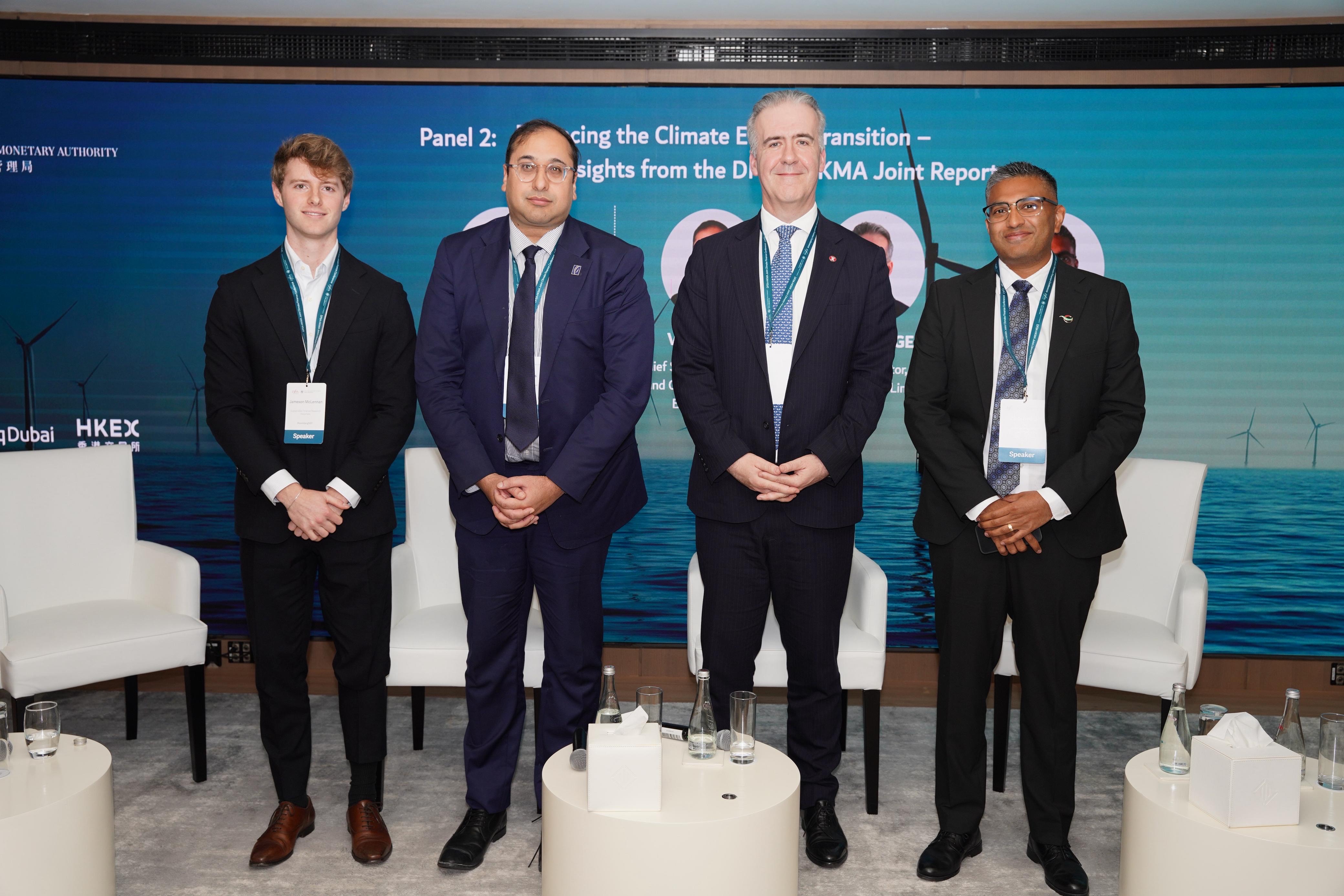 (From left) Mr Jameson McLennan, Sustainable Finance Researcher, BloombergNEF; Mr Vijay Bains, Chief Sustainability Officer and Group Head of ESG, Emirates NBD; Mr Michael Fitzgerald, Finance Director, MTR Corporation Limited; and Mr Carlin Naidoo, Group Vice President, Sustainability, DP World, deep dive into the insights from the joint research of the Dubai Financial Services Authority and Hong Kong Monetary Authority.
