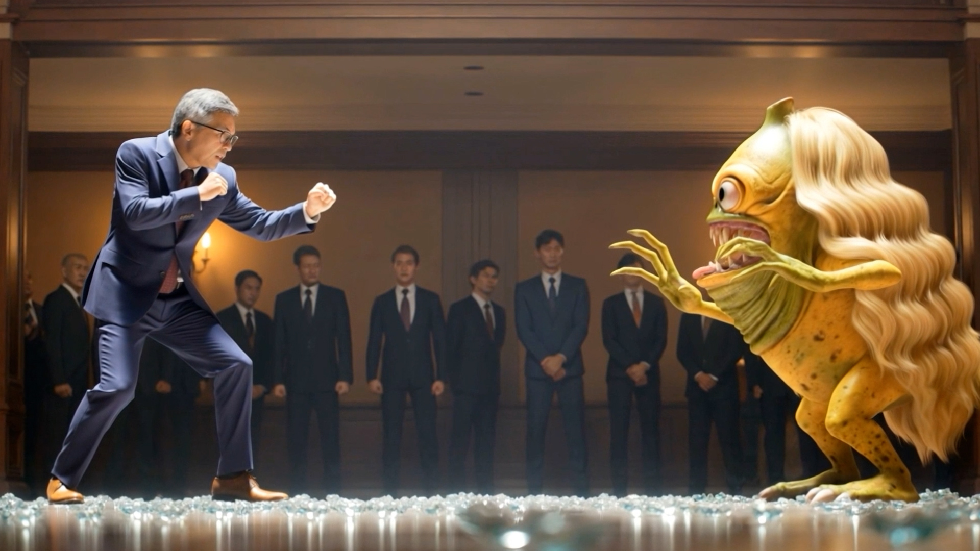 Mr Arthur Yuen, Deputy Chief Executive of the Hong Kong Monetary Authority, transforms into a game character and faces off against the “Lachachu” (despicable banana in Cantonese) in a battle between good and evil.
